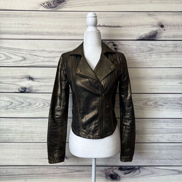 Rock & Republic Gold & Black Metallic Fitted Motorcycle Jacket - Picture 1 of 8